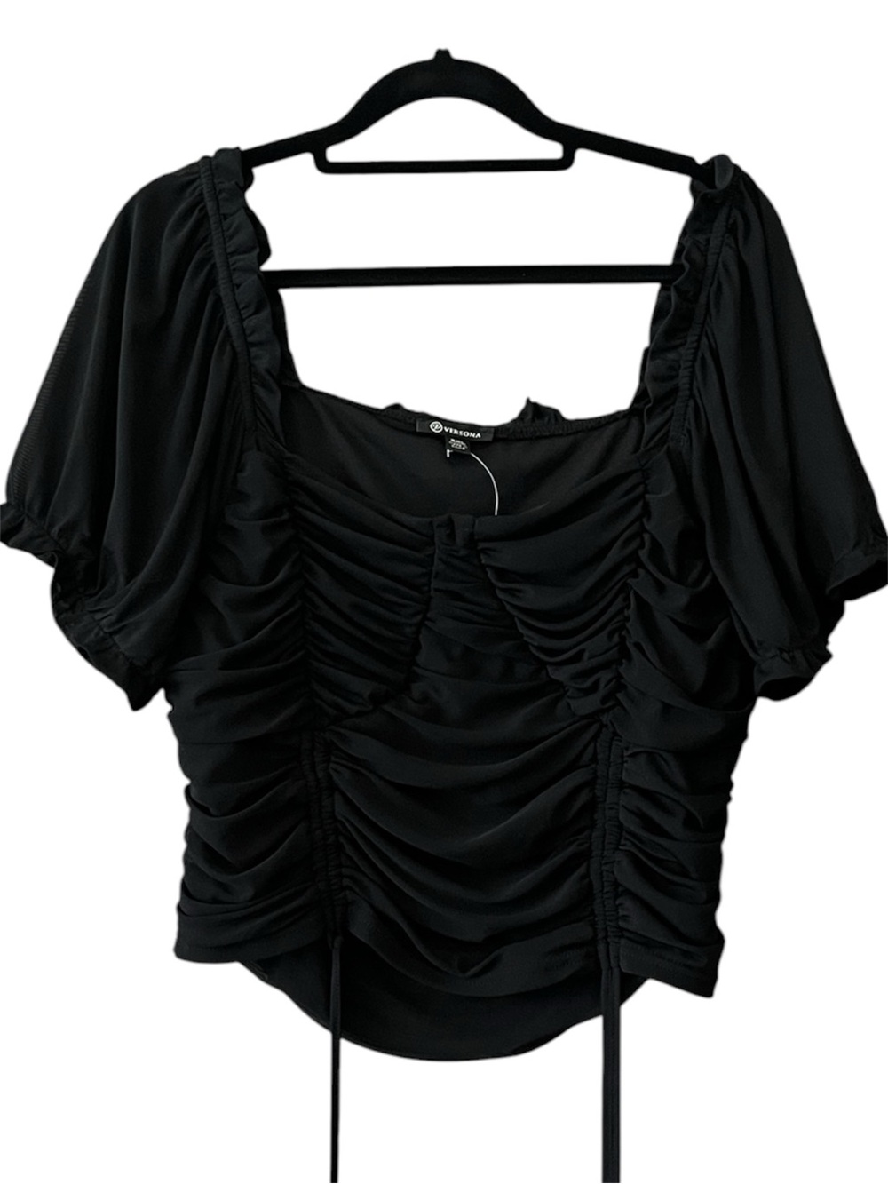 Versona Black Ruched Puff-Sleeve Top
